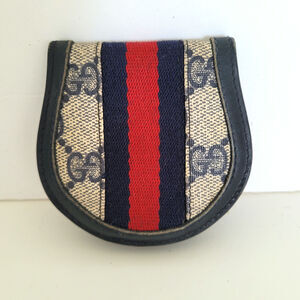 GUCCI Vintage Sherry Wallet Small Blue Red Coin Purse Web Horseshoe Leather Mini
